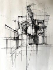 Poster - The artwork features an imaginative urban landscape with architectural lines and shapes created with bold black ink on white paper. Generative AI