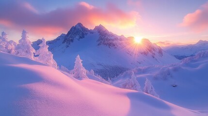 Poster - The sun rises majestically over the snow-covered peaks, casting warm hues across the mountains and illuminating the frosty trees. A tranquil winter morning unfolds.