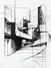 Poster - The artwork showcases a stylized urban environment, featuring angular buildings and pathways intertwined with bold black ink strokes. Generative AI