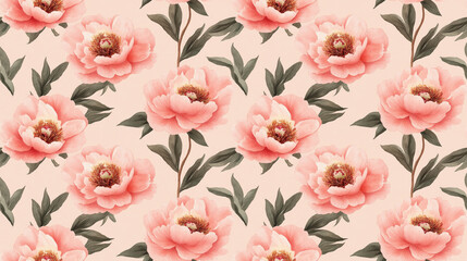  Seamless pattern featuring hand drawn watercolor pink peony flowers in a vintage style for elegant design projects