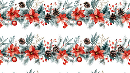 Hand drawn watercolor seamless pattern of decorative Merry Christmas holiday frame featuring traditional elements and symbols perfect for vintage greeting cards