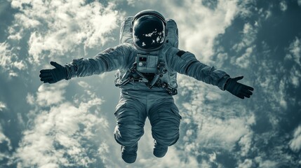 Wall Mural - An astronaut in a spacesuit is floating against a backdrop of clouds and blue sky, arms outstretched