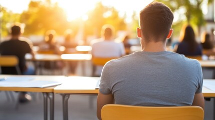 As the sun sets, creating a warm glow, students seated in an organized manner at outdoor desks focus on their studies, embodying diligence and perseverance.