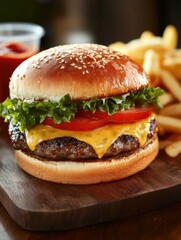 Poster - This mouthwatering burger features a juicy patty with melted cheese, topped with lettuce, tomatoes, and sauce, served with crispy fries. Generative AI
