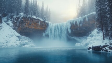Poster - A stunning frozen waterfall pours into a tranquil lake, encased in ice and snow, with towering evergreen trees framing the peaceful landscape during winter.