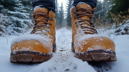Poster - A pair of snow-covered hiking boots stands firmly on a snowy trail, surrounded by tall evergreen trees. It captures the essence of winter exploration.