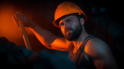 dirty miner in the mine against the background of other working miners extracting raw materials
