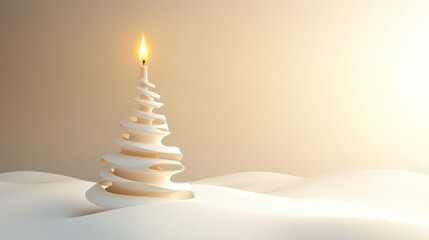 Poster - A minimalist Christmas tree shaped candle with a flame, set against a soft, snowy background