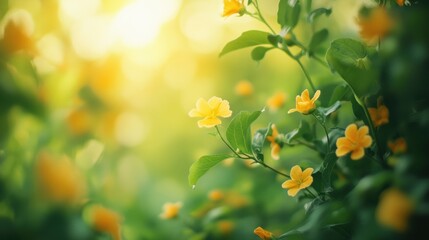 Poster - Delicate yellow flowers bloom among lush cabbage and squash plants, illuminated by gentle sunlight in a peaceful garden atmosphere. Generative AI