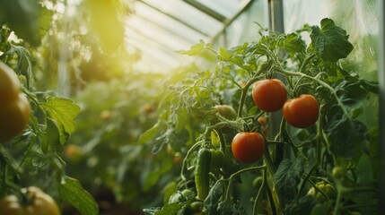 Poster - Tomatoes, cucumbers, and peppers flourish inside a greenhouse filled with natural light on a warm afternoon, showcasing garden productivity. Generative AI