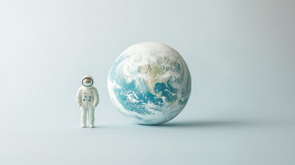 Wall Mural - A minimalistic view of Earth from space with a small astronaut figurine standing beside a stylized globe