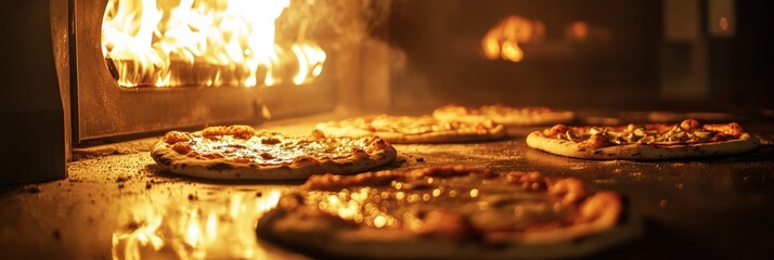 Poster - Delicious pizzas are cooking in a hot wood-fired oven, surrounded by flames and releasing mouthwatering aromas into the air. Generative AI