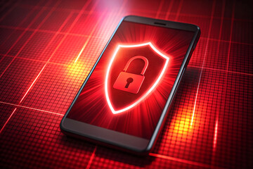 Fototapete - A stylized vector graphic of a shield featuring a lock symbol on it, with a backdrop of a blurred phishing message on a smartphone. The shield is in vibrant red and the phone screen is brightly lit.