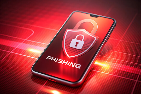 A stylized vector graphic of a shield featuring a lock symbol on it, with a backdrop of a blurred phishing message on a smartphone. The shield is in vibrant red and the phone screen is brightly lit.