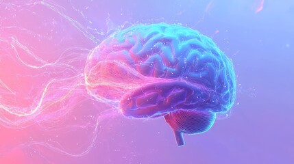 Wall Mural - A modern digital representation of a human brain, glowing in vibrant colors with flowing light effects against a gradient background