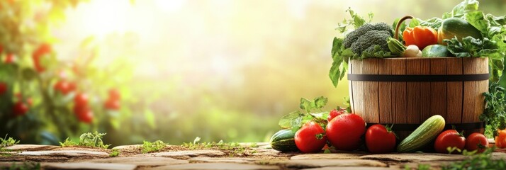 Poster - A wooden bucket overflowing with fresh vegetables sits amidst a vibrant rural garden, bathed in warm sunlight. Generative AI