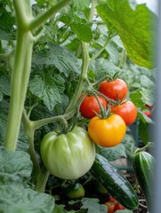 Poster - Lush plants thrive in a greenhouse filled with ripe tomatoes, cucumbers, and peppers, highlighting a bountiful harvest. Generative AI