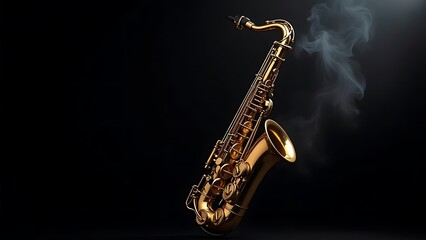 Wall Mural - Golden shiny alto saxophone on black background with smoke. copy space