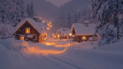 Aufkleber - A peaceful winter village nestled in deep snow, where rustic cottages glow warmly against a snowy backdrop as dusk settles in, creating a serene atmosphere.