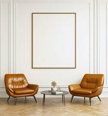 A stylish lounge area featuring two brown leather chairs and a coffee table, complemented by a large framed blank canvas on a white-panelled wall.