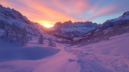 Poster - As day turns to night, the sun sets behind the snow-capped peaks, casting brilliant hues of orange and purple across the winter landscape, creating a serene moment in nature.