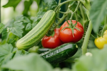 Poster - Fresh tomatoes, cucumbers, and peppers flourish in a lively greenhouse, benefiting from optimal sunlight and nurturing care. Generative AI