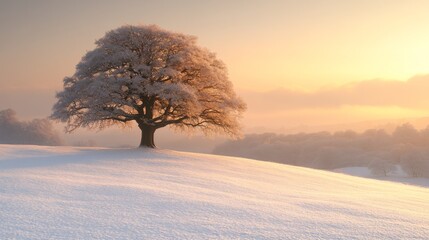 Aufkleber - A majestic tree is blanketed with fresh snow, standing alone on a gentle hill. The warm glow of sunrise casts soft light across the frost-covered field, creating a serene atmosphere.