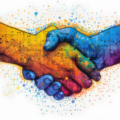 human and digital connection: handshake between real and virtual - online transaction and agreement concept highlighted by white, pop-art, png