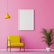 © GlooStock - A bright and colorful interior featuring a yellow chair, pink wall, white frame, and potted plant. A modern design perfect for contemporary spaces.