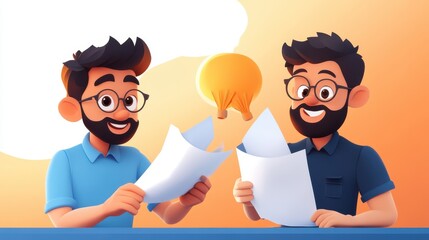 Two colleagues exchange ideas, holding papers in a lively discussion against a background symbolizing creativity with a glowing lightbulb overhead.