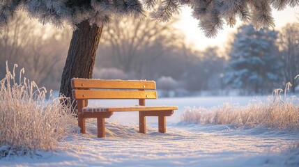 Poster - A frosty wooden bench rests near a tree in a tranquil winter park. The soft morning light creates a peaceful atmosphere, highlighting the beauty of nature.