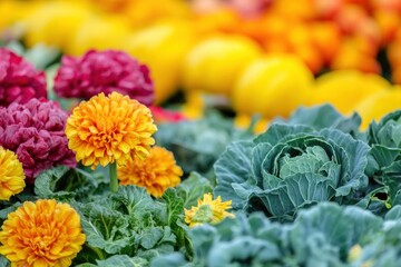 Poster - Colorful marigolds and lush cabbage plants showcase their flowers and leaves in a garden during a sunny spring day. Generative AI