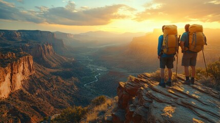 Aufkleber - Two hikers stand atop a rocky outcrop, wearing vibrant backpacks and soaking in the stunning sunset illuminating the canyon below. The scenic vista features winding rivers and rugged cliffs.