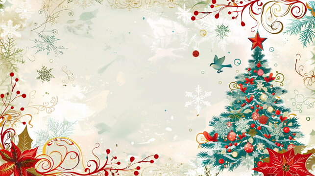 Vintage holidays card with Christmas Tree, birds, Christmas ornament background, ornate floral frame and copy space. Retro banner Christmas and New year concept, soft colors