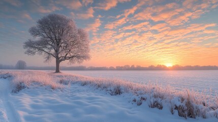 Poster - Soft sunlight breaks over a snowy horizon, casting warm colors across a peaceful landscape. A solitary tree stands amidst the frost-covered ground, creating a serene winter setting.