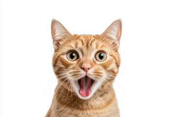 A funny and excited cat with a funny and angry expression is isolated on a transparent stock background.