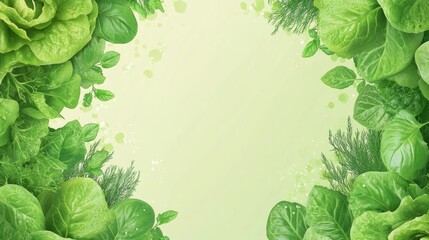Poster - A vibrant assortment of fresh lettuce, dill, and basil is arranged against a soft pastel background, enhancing the colors and textures. Generative AI