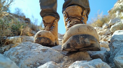 Poster - A hiker ascends a steep, rocky path, showcasing rugged boots covered in dirt. The clear blue sky offers a bright backdrop to this outdoor journey.