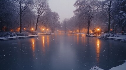 Leinwandbilder - A serene winter scene showcases a calm lake surrounded by trees in a park, with warm lights reflecting off the water as snow gently falls.