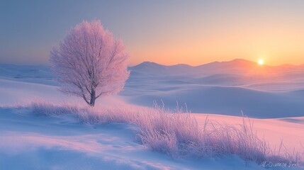 Aufkleber - At dawn, soft sunlight illuminates a snow-covered landscape where a lone tree stands amidst gentle hills, creating a peaceful winter atmosphere.