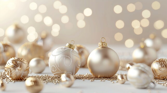 3d rendering, Christmas white and gold background with Christmas balls and decoration