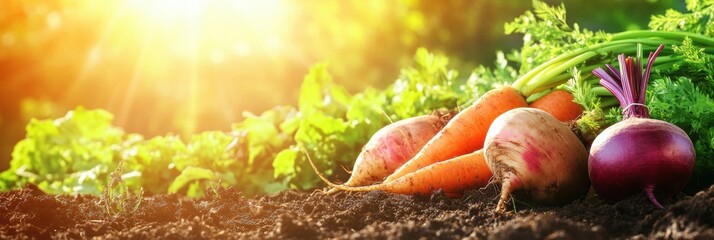 Poster - Fresh carrots, beets, and onions thrive in a garden, illuminated by warm sun rays that enhance their colors and textures. Generative AI