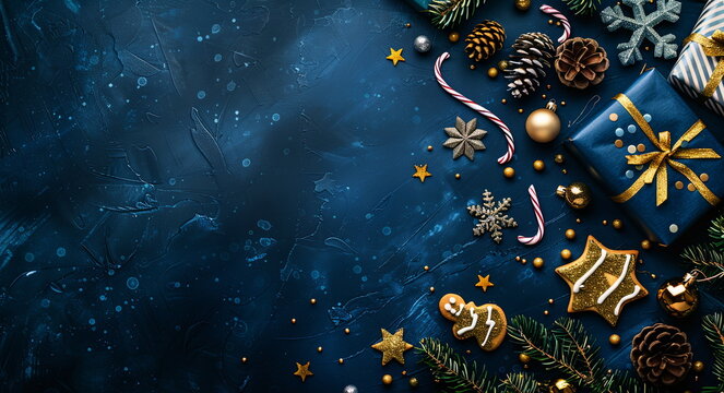Christmas background with navy blue and gold color, small Christmas decorations, gifts, gingerbread cookies, candy canes, pine cones, stars, snowflakes. Top view, flat lay, copy space