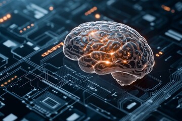 Poster - An intricate visual of a digital brain sitting on a high-tech background, representing the synthesis of human neural networks with cutting-edge digital technology.