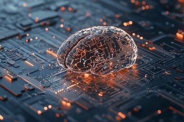 Poster - A futuristic brain made of circuitry on a digital surface, highlighting the fusion of human cognition with technological advancements in a cybernetic design.