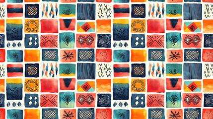 Colorful tribal square pattern in ethnic boho style seamless watercolor design for textiles and home decor