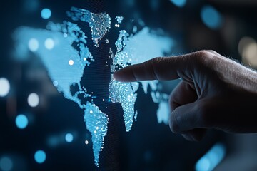 Poster - A digital map lit up with glowing points being engaged by a fingertip, visually representing the intricate web of global communication and digital connection.