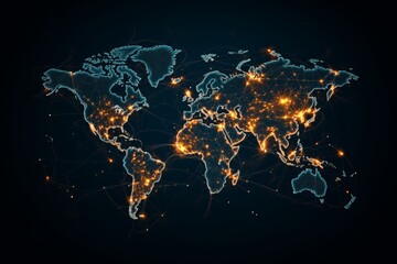 Poster - This image illustrates a world map energized with glowing orange connections that depict global communication, networks, and technological interconnectedness at night.
