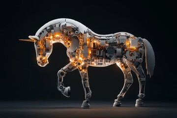 Poster - A robotic unicorn with glowing orange internal lights stands against a dark backdrop, symbolizing fantasy, innovation, and the merging of technology with myth.