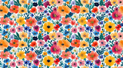 Seamless pattern of vibrant watercolor flowers on a clean white background ideal for fabric design and home decor